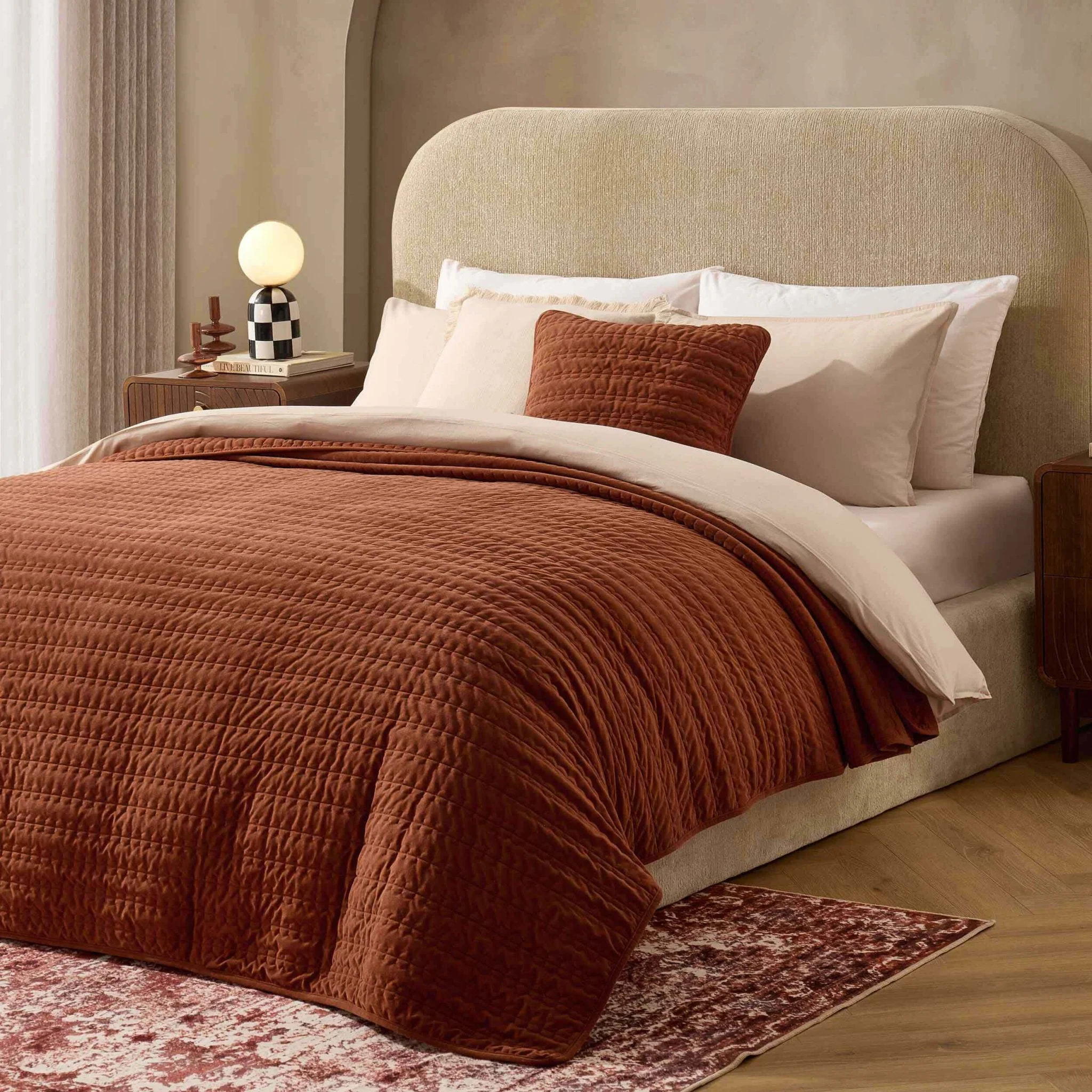Bavaro Velvet Quilted Stitch Detail Bedspread - Burnt Orange - Image 2