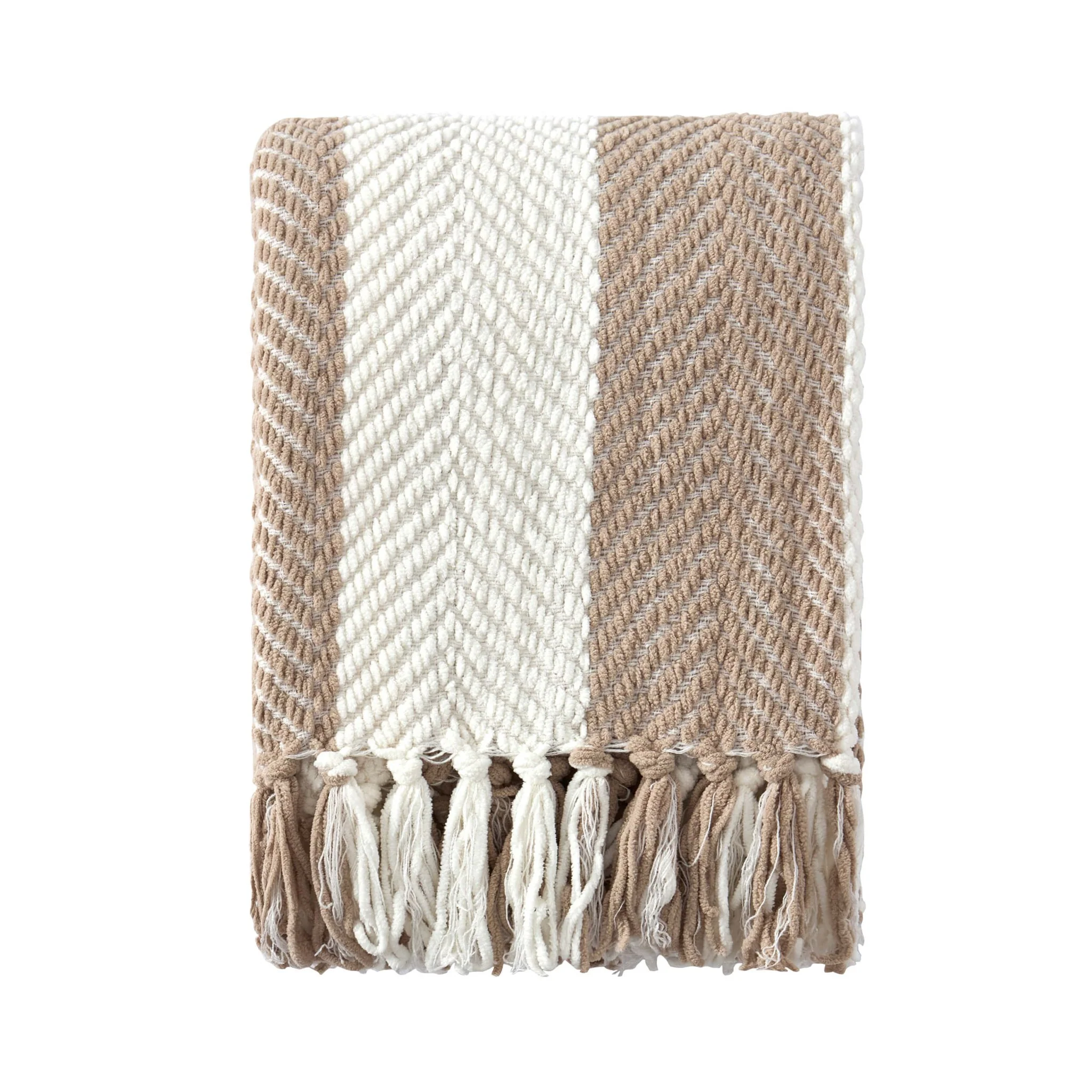Chenille Stripe Tassel Herringbone Sofa Throw - Oatmeal/White - Image 5