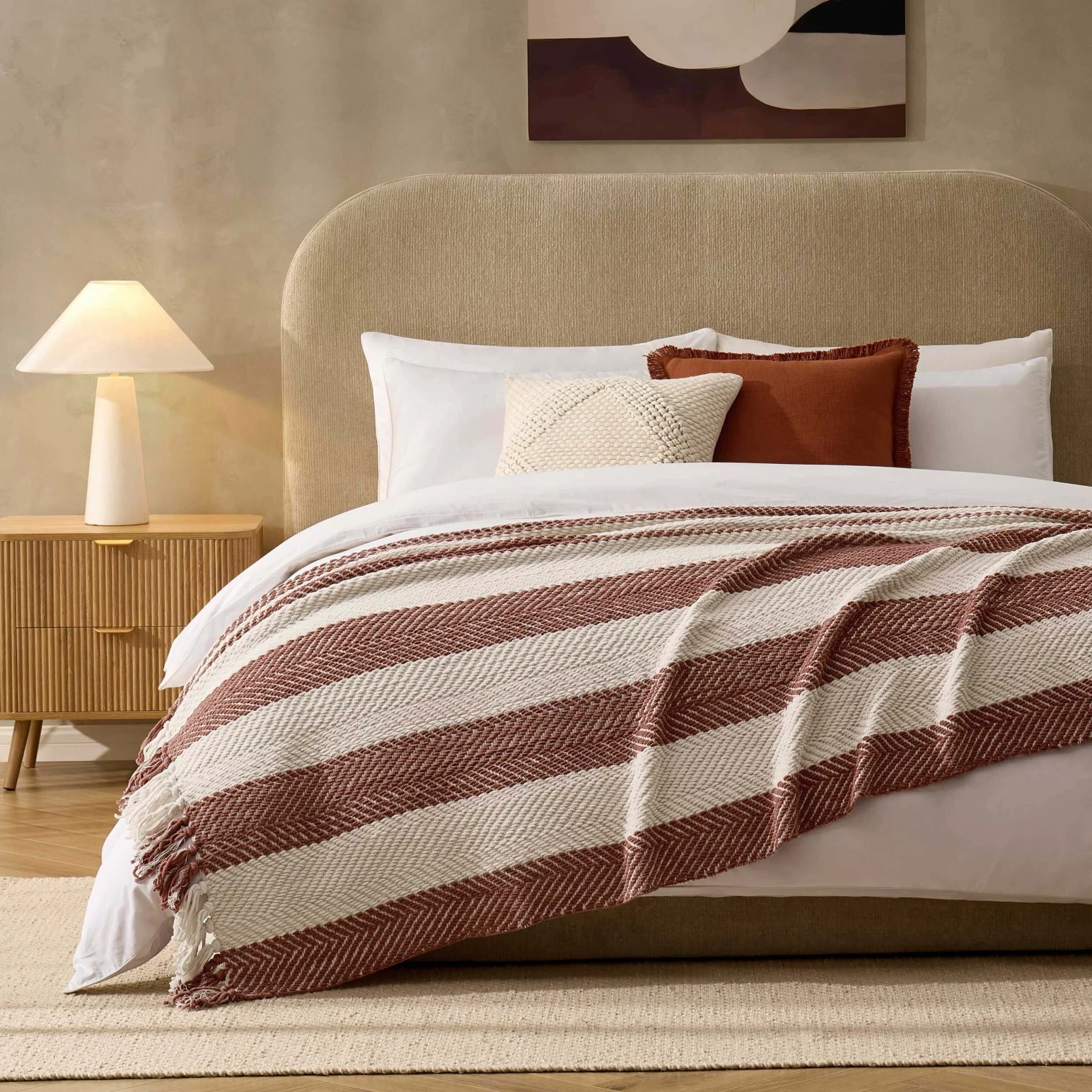 Chenille Stripe Tassel Herringbone Throw - Rust/Cream
