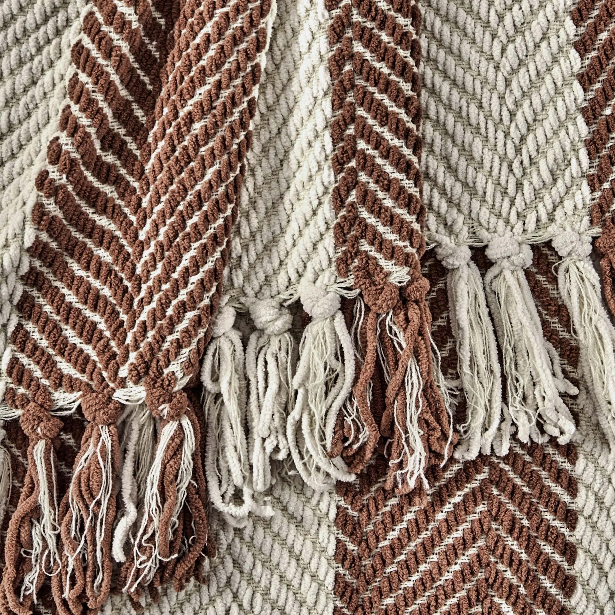 Chenille Stripe Tassel Herringbone Sofa Throw - Rust/Cream - Image 3
