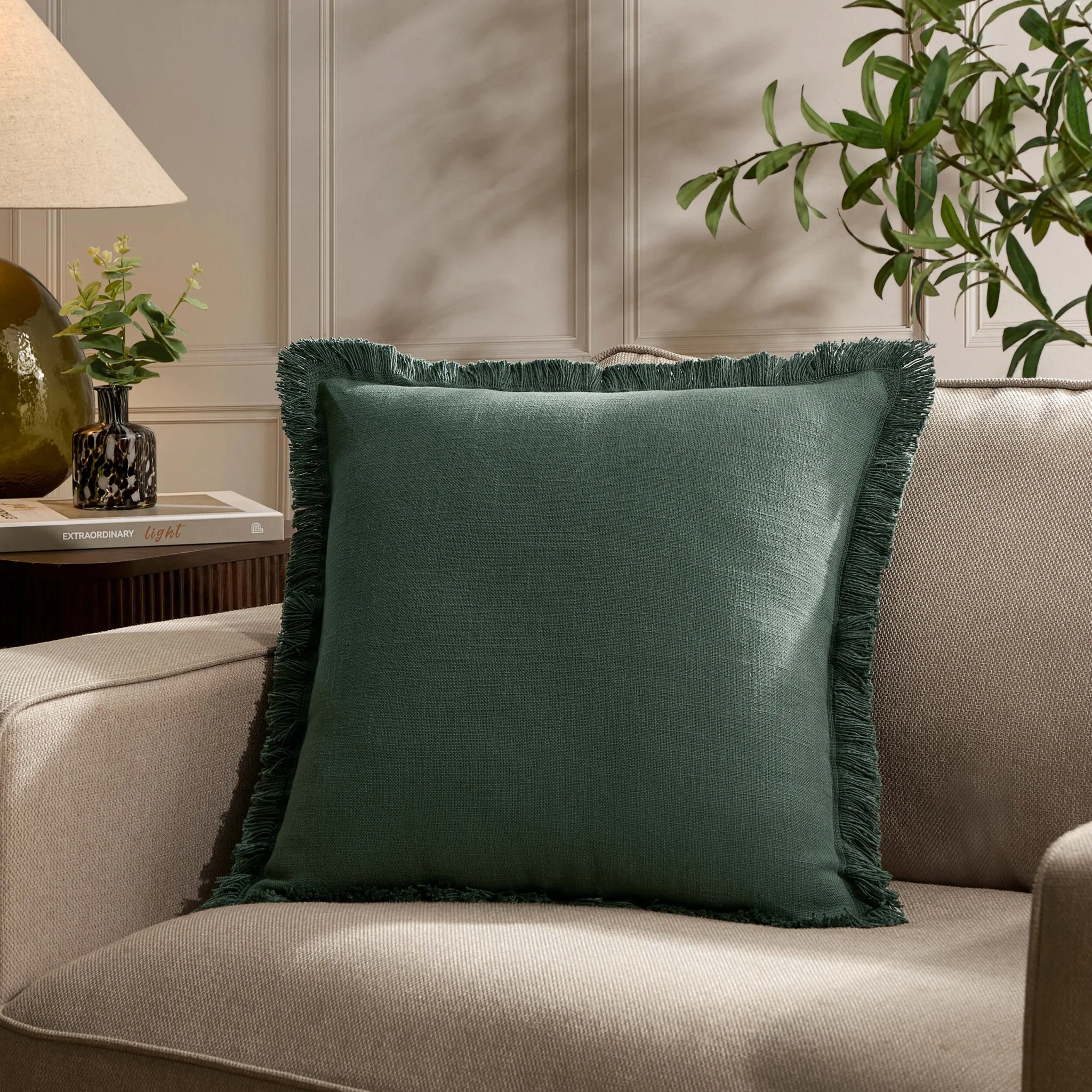 Cotton Fringed Edge Sofa Cushion Cover - Forest Green
