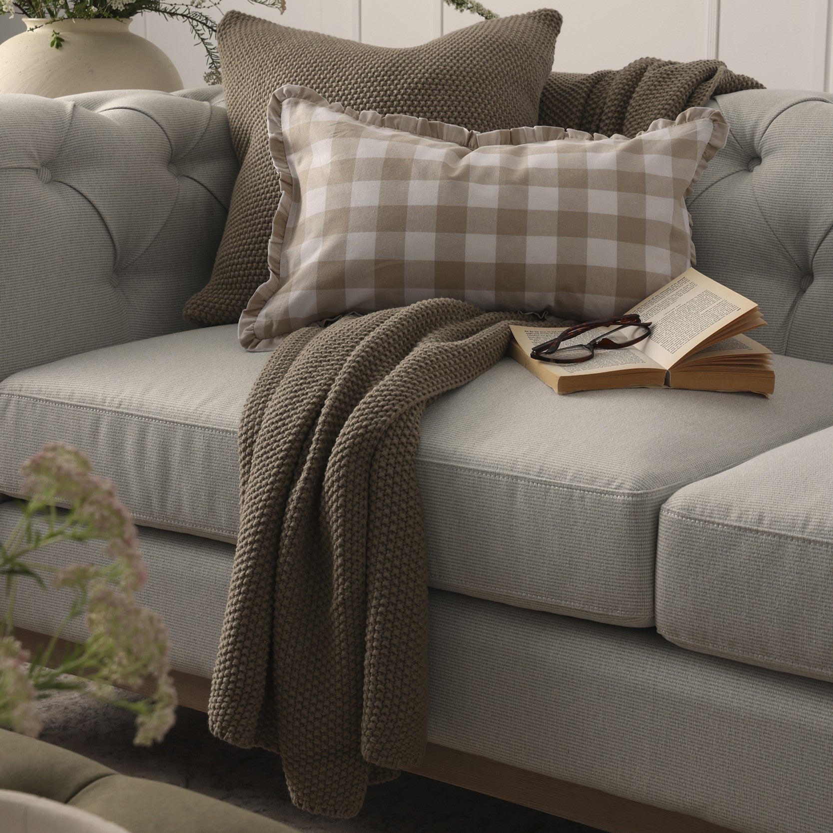 Gingham Square Frill Edge Sofa Cushion Cover - Natural - Image 2