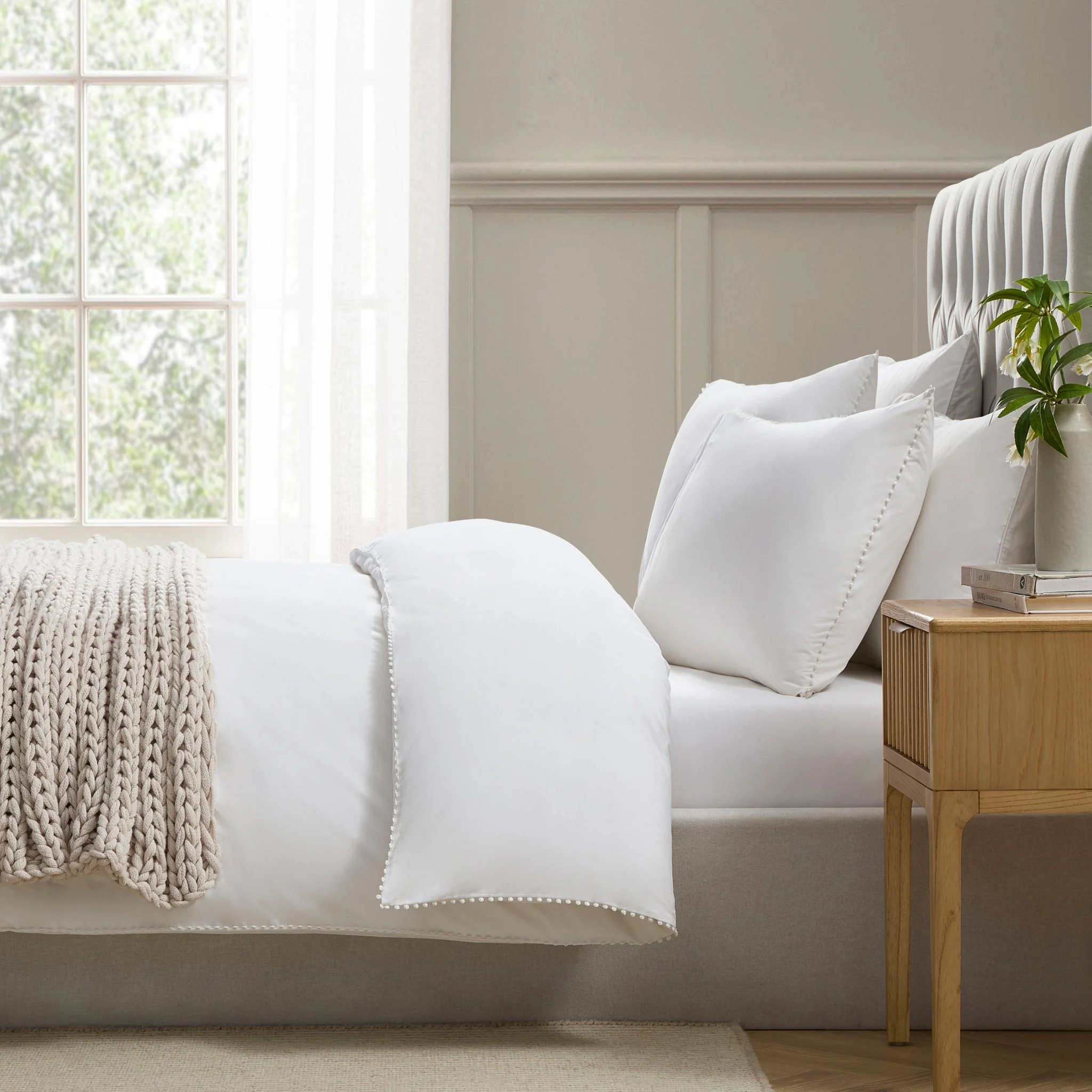 Girona 200 Thread Count Pom-Pom Duvet Cover - Cotton - White - Image 3