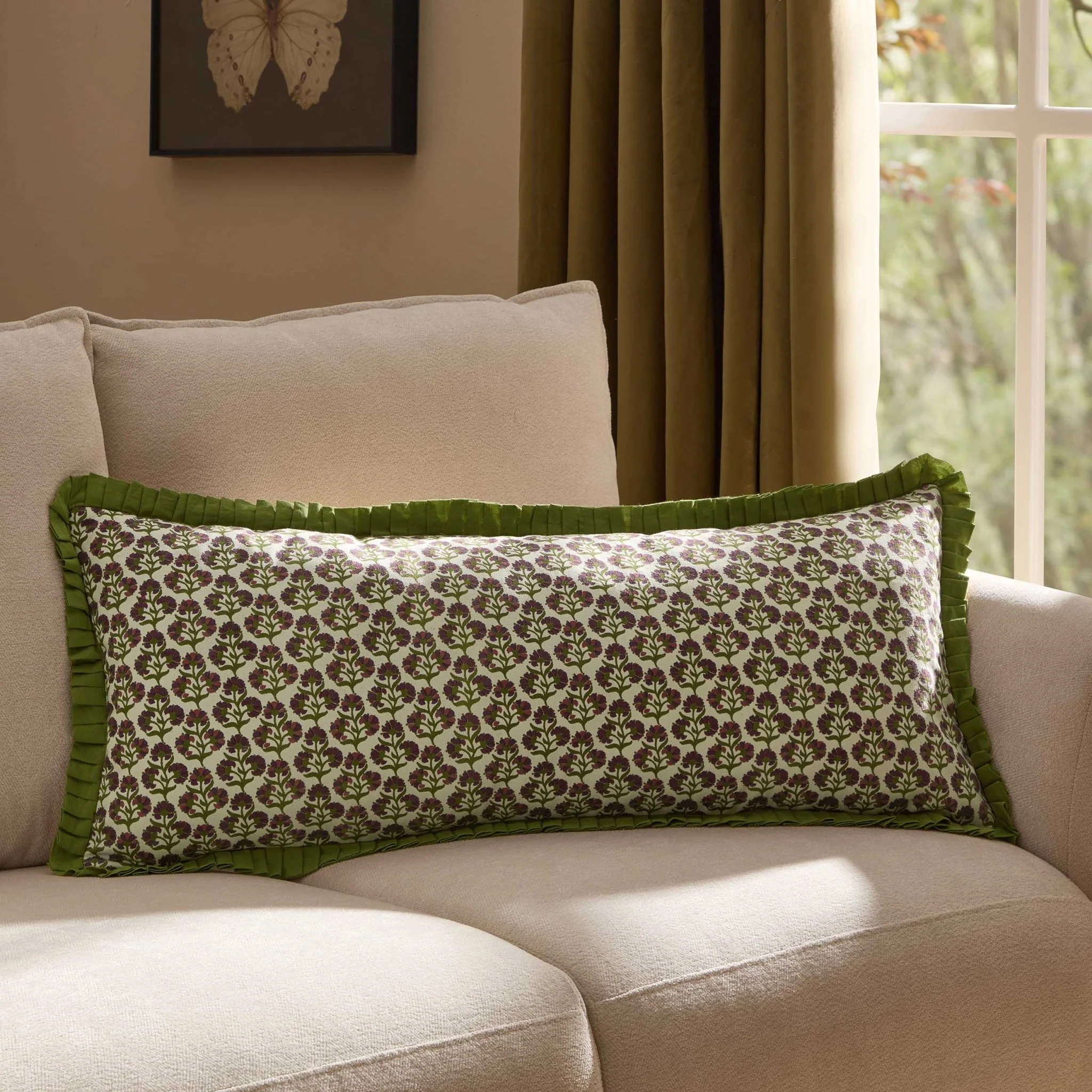 Julia 100% Cotton Box Pleat Edge Printed Sofa Cushion Cover - Purple/Green