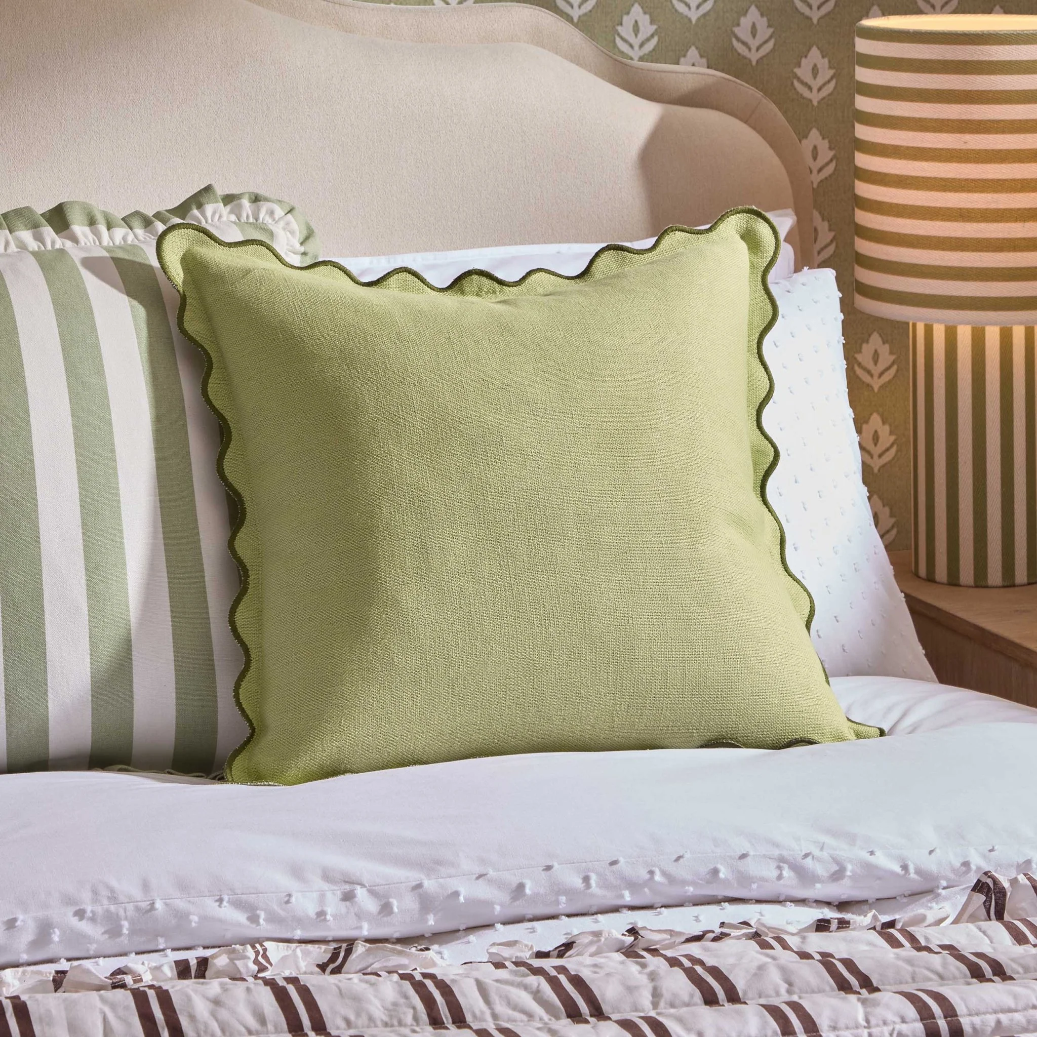 Linen Blend Scallop Edge Cushion Cover - Green