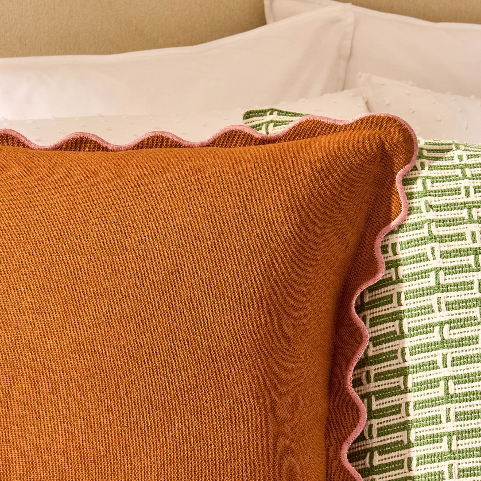 Linen Blend Scallop Edge Cushion Cover - Orange/Pink - Image 4