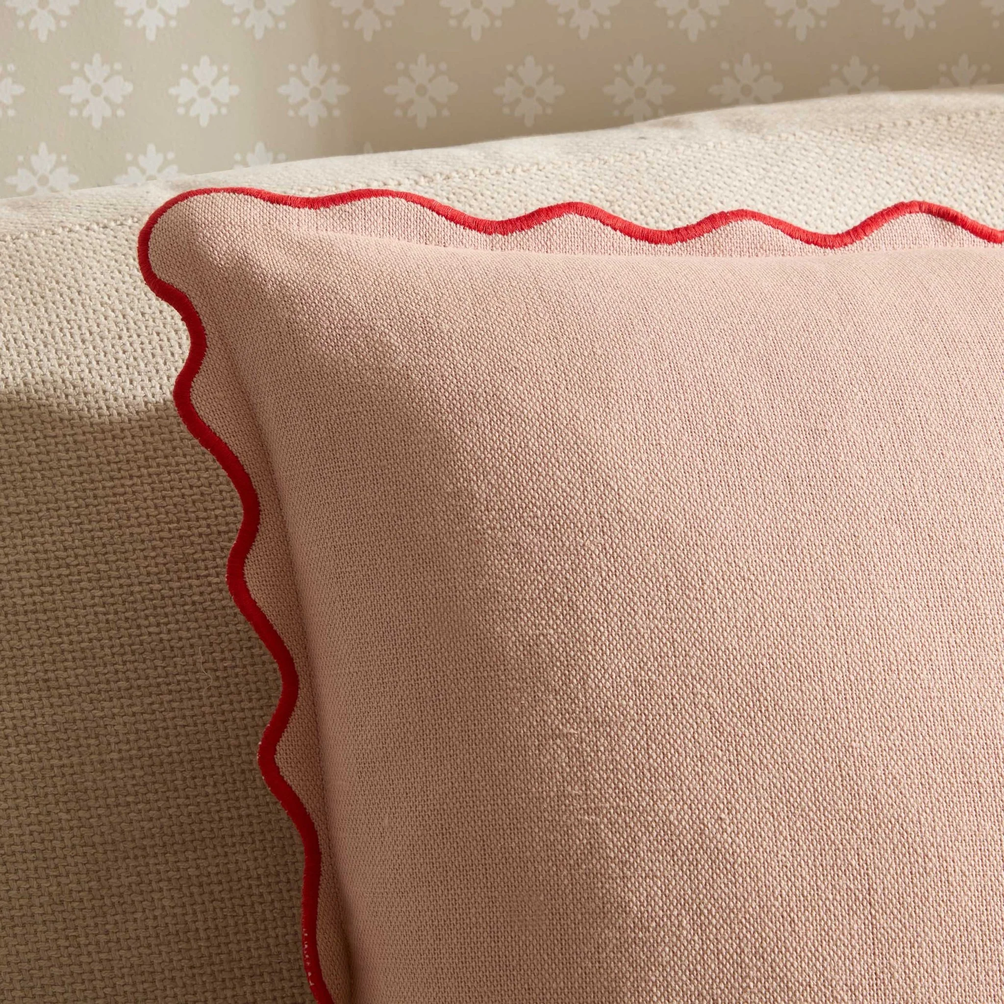 Linen Blend Scallop Edge Cushion Cover - Pink/ Red - Image 3
