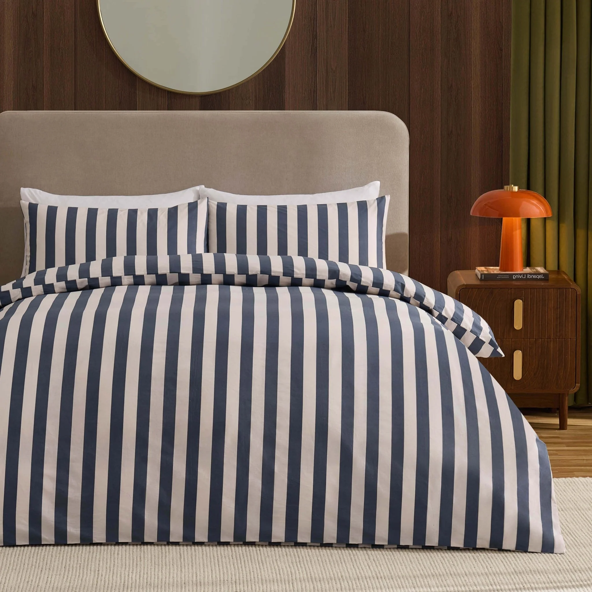 Livia 100% Cotton Wide Printed Stripe Duvet Cover Set - Slate Blue