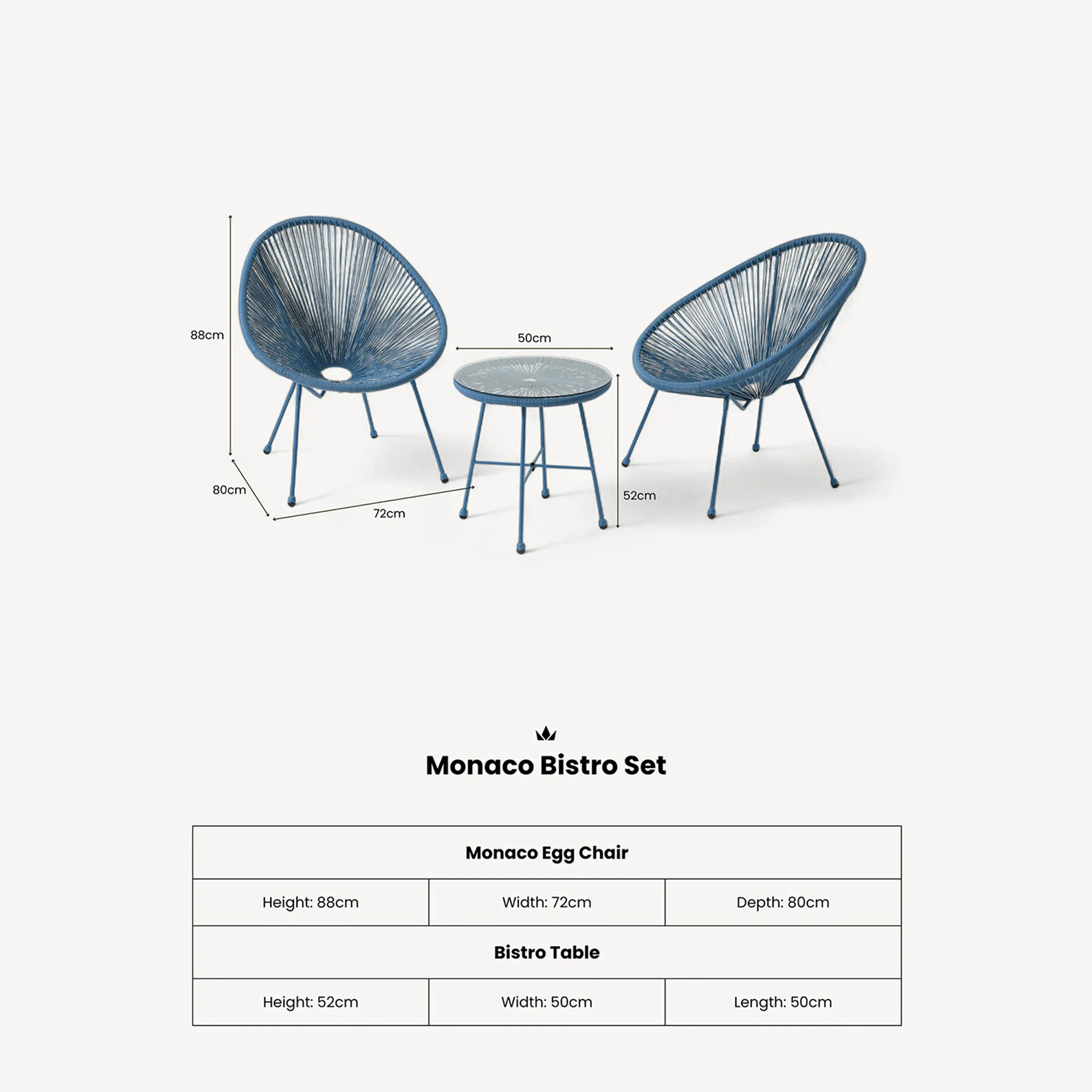 Monaco Outdoor 2 Seater Round Bistro Table and Egg Chairs - Blue - Image 7