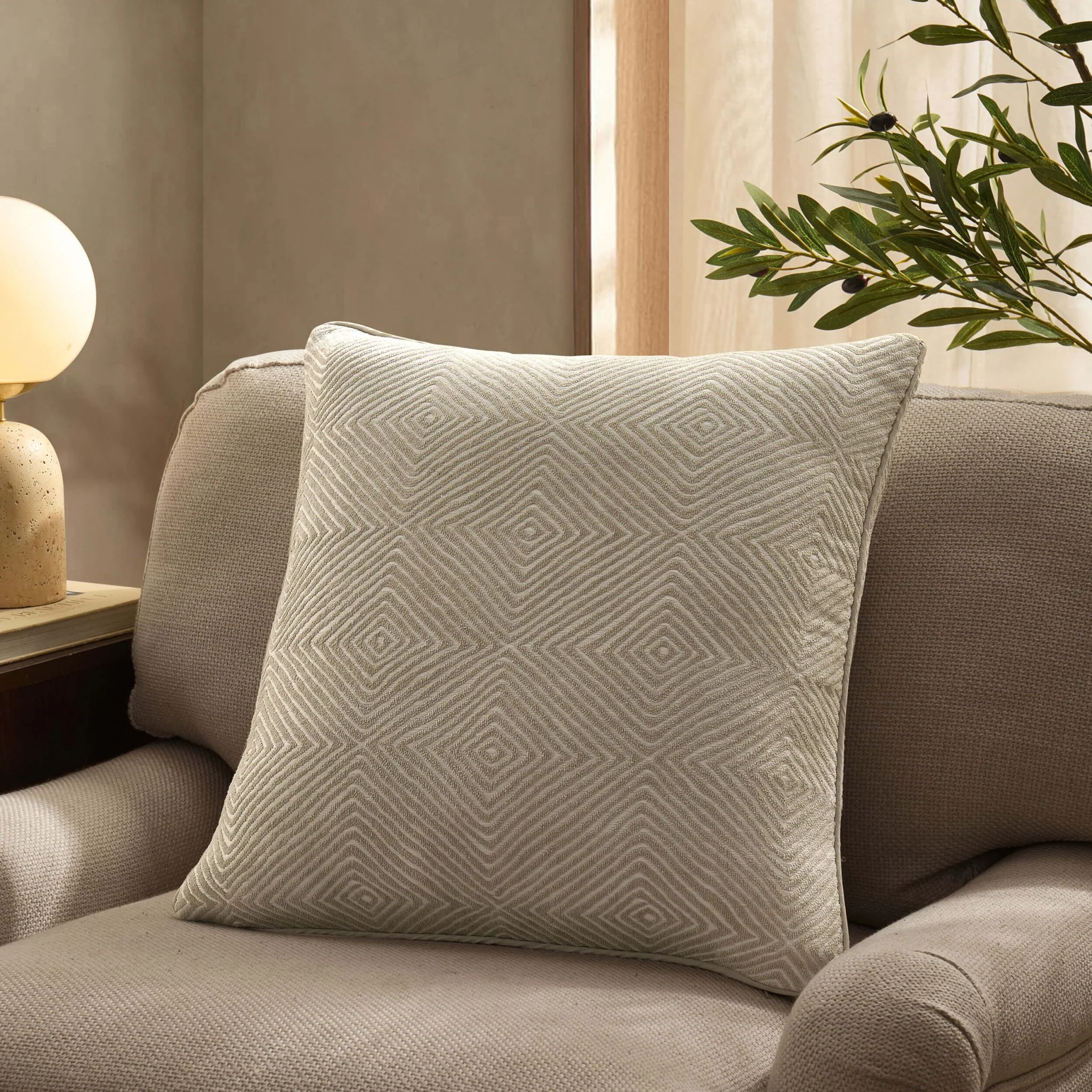 Nairobi Geo Chenille Stitch Quilt Cushion Cover - Taupe/White - Image 2