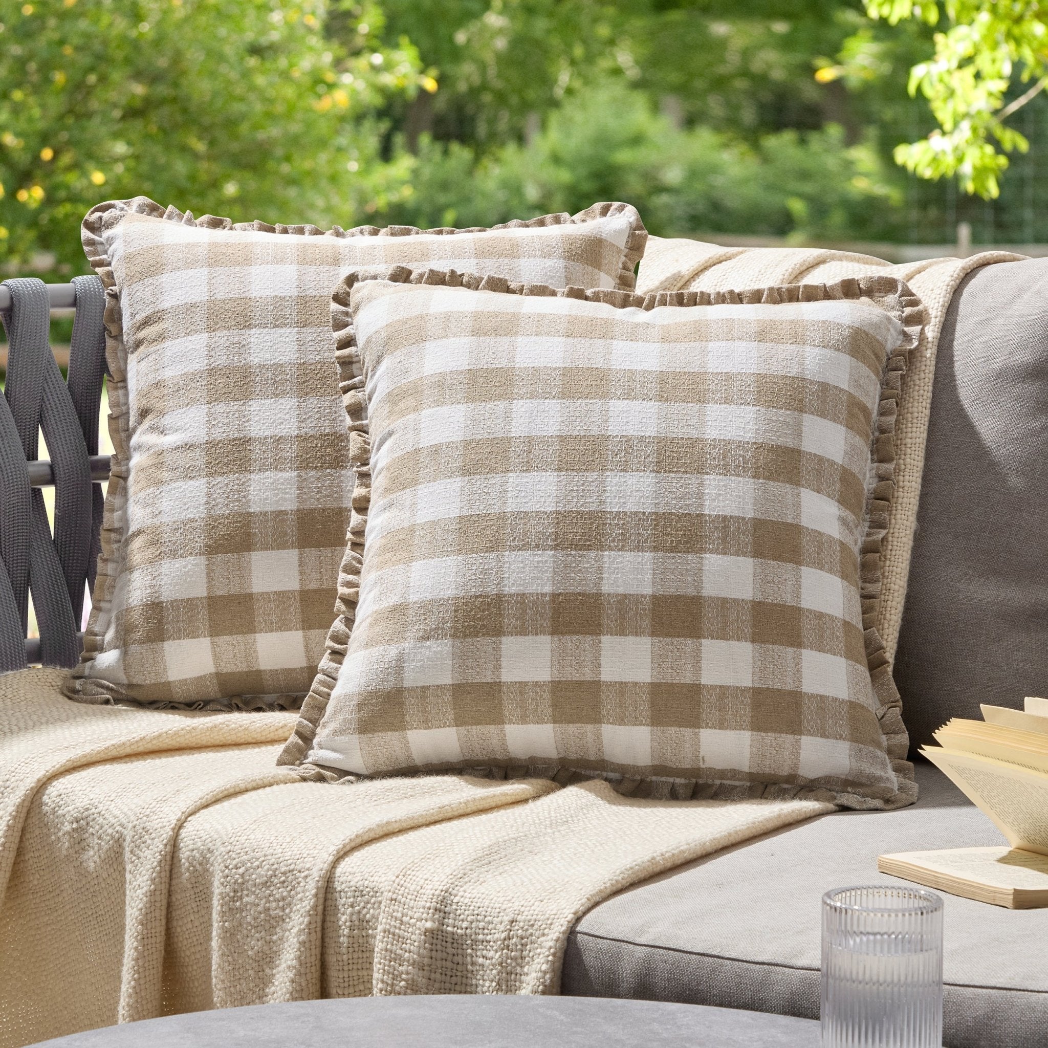 Pack of 2 Gingham Frill Edge Waterproof Outdoor Cushion Covers - Natural