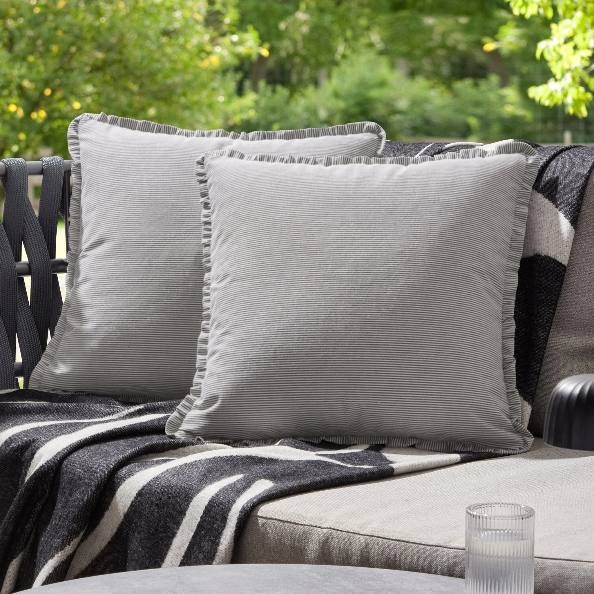 Pack of 2 Stripe Frill Edge Waterproof Outdoor Cushion Covers - Charcoal