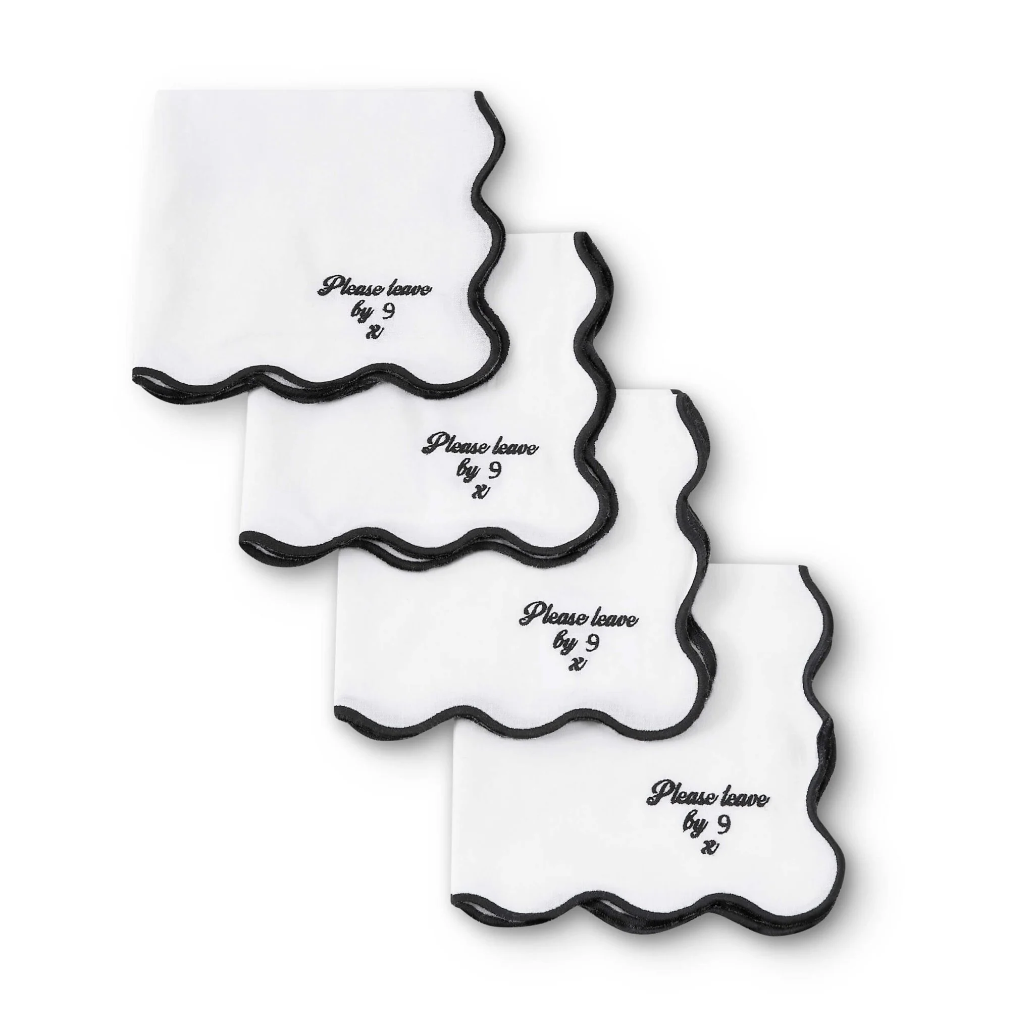 Please leave by 9 Scallop Edge Set of 4 Napkins - Off White/Black - Image 4