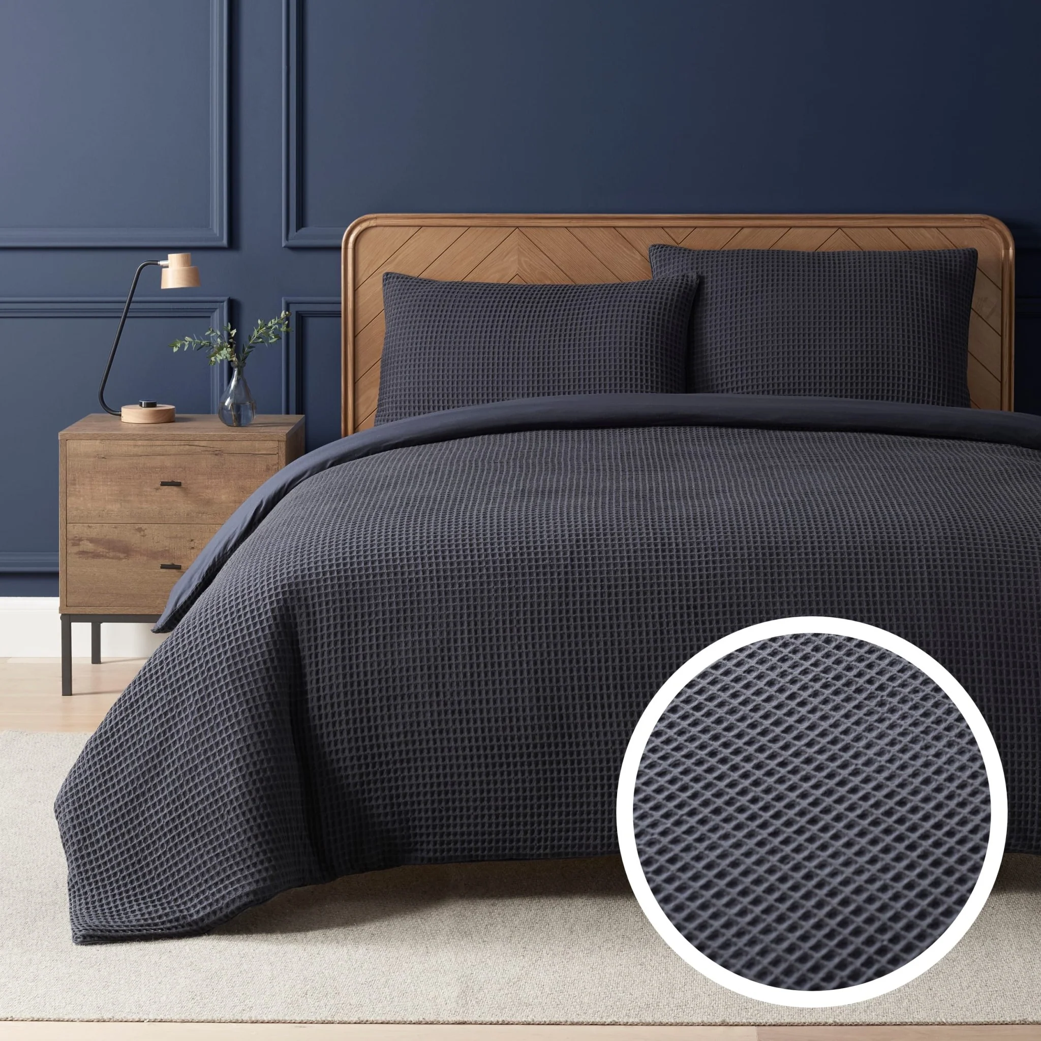 Portofino Waffle 100% Cotton Duvet Cover 200 Thread Count - Midnight Navy