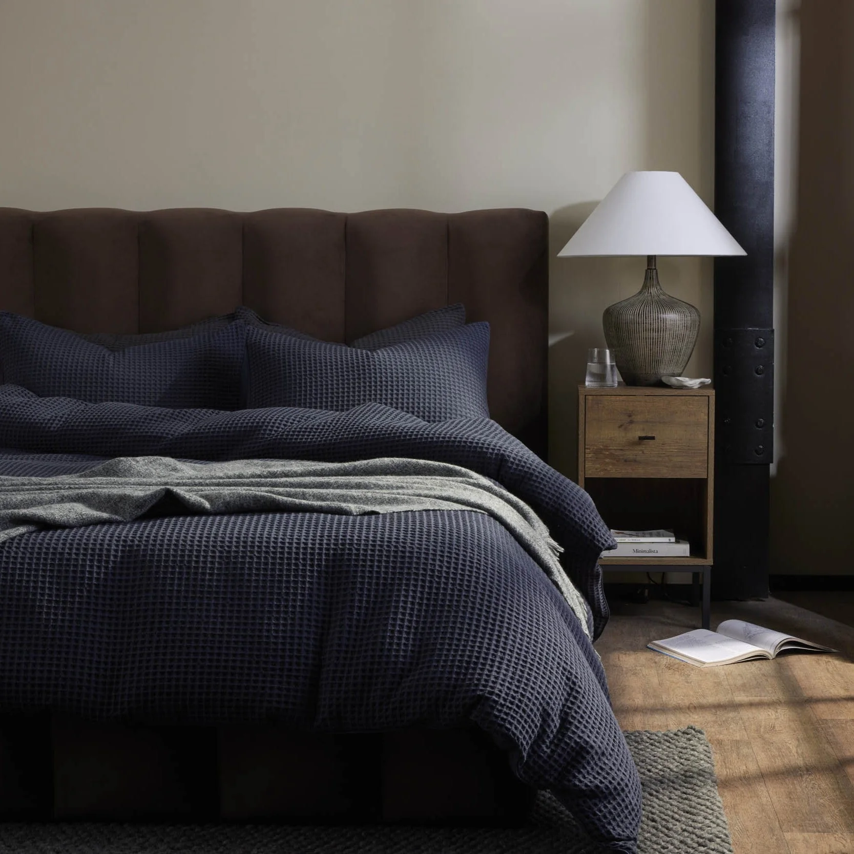 Portofino Waffle 100% Cotton Duvet Cover 200 Thread Count - Midnight Navy - Image 3