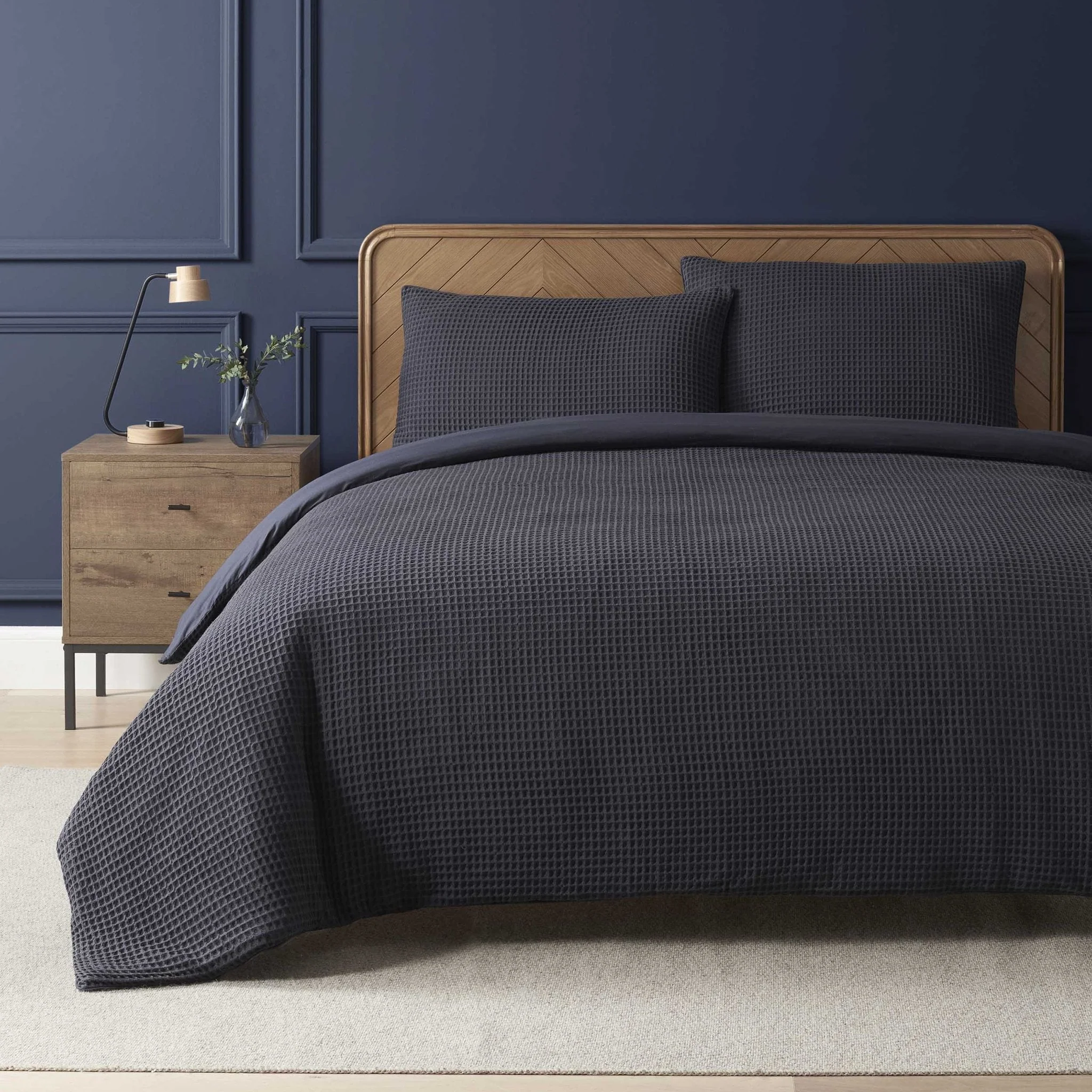 Portofino Waffle 100% Cotton Pair of Pillowcases 200 Thread Count - Midnight Navy - Image 2