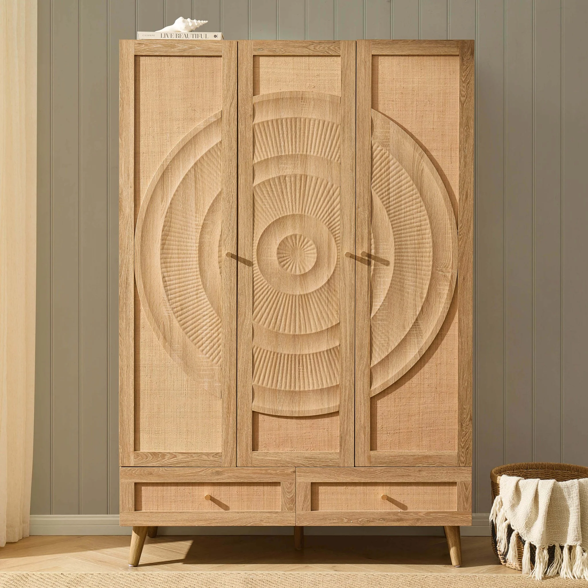 Raven Rattan 3 Door Wardrobe with Drawers - Light Wood - Image 2