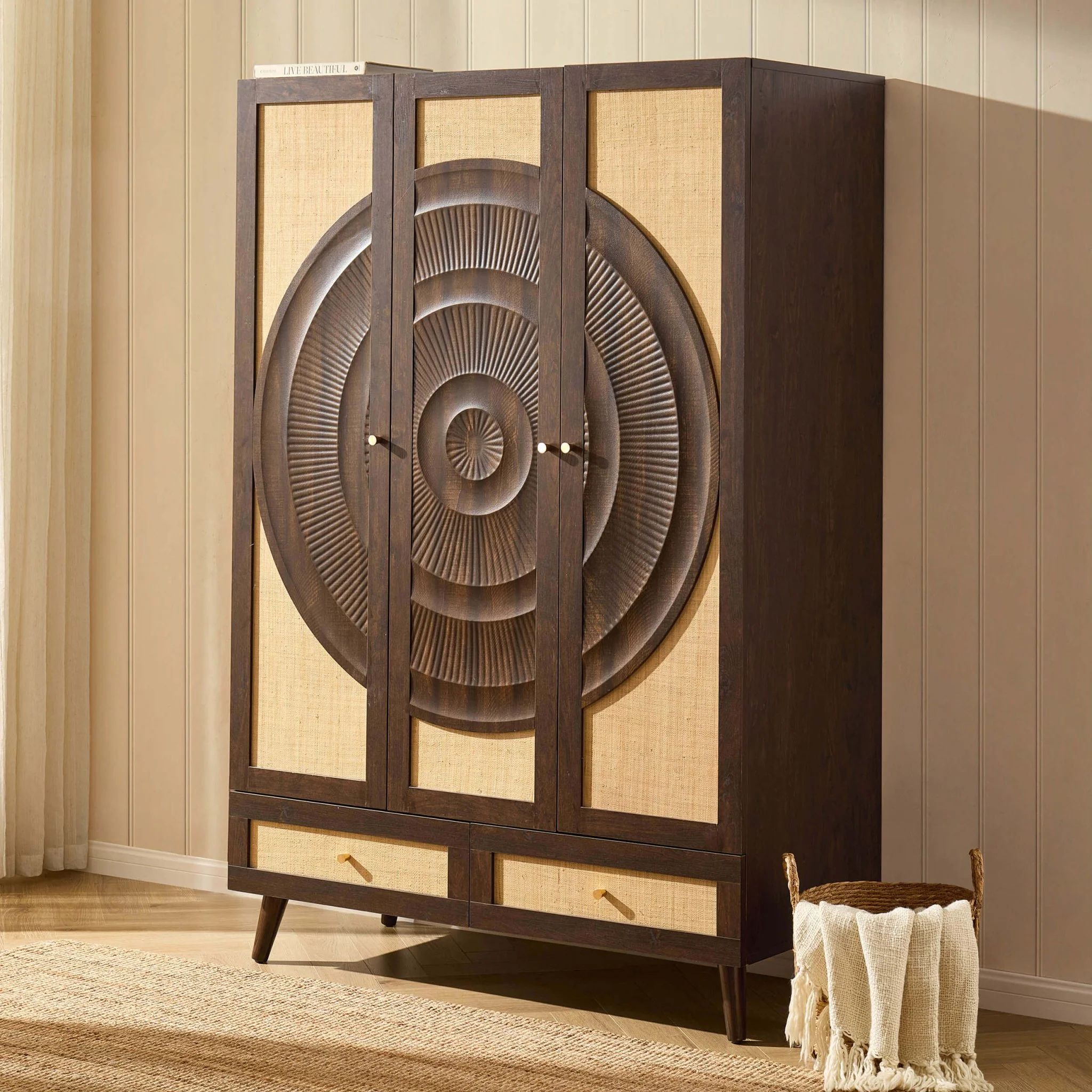 Raven Rattan 3 Door Wardrobe with Drawers - Walnut