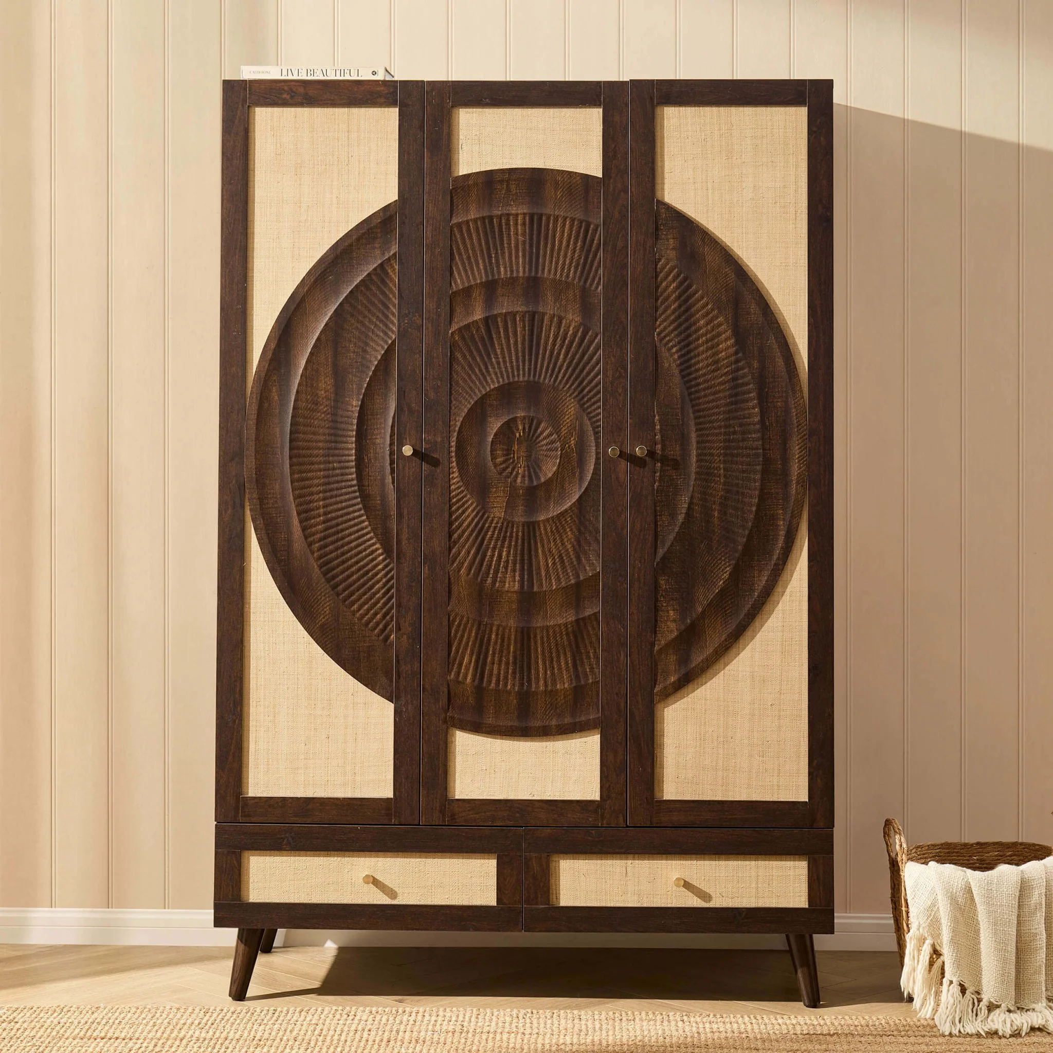 Raven Rattan 3 Door Wardrobe with Drawers - Walnut - Image 2
