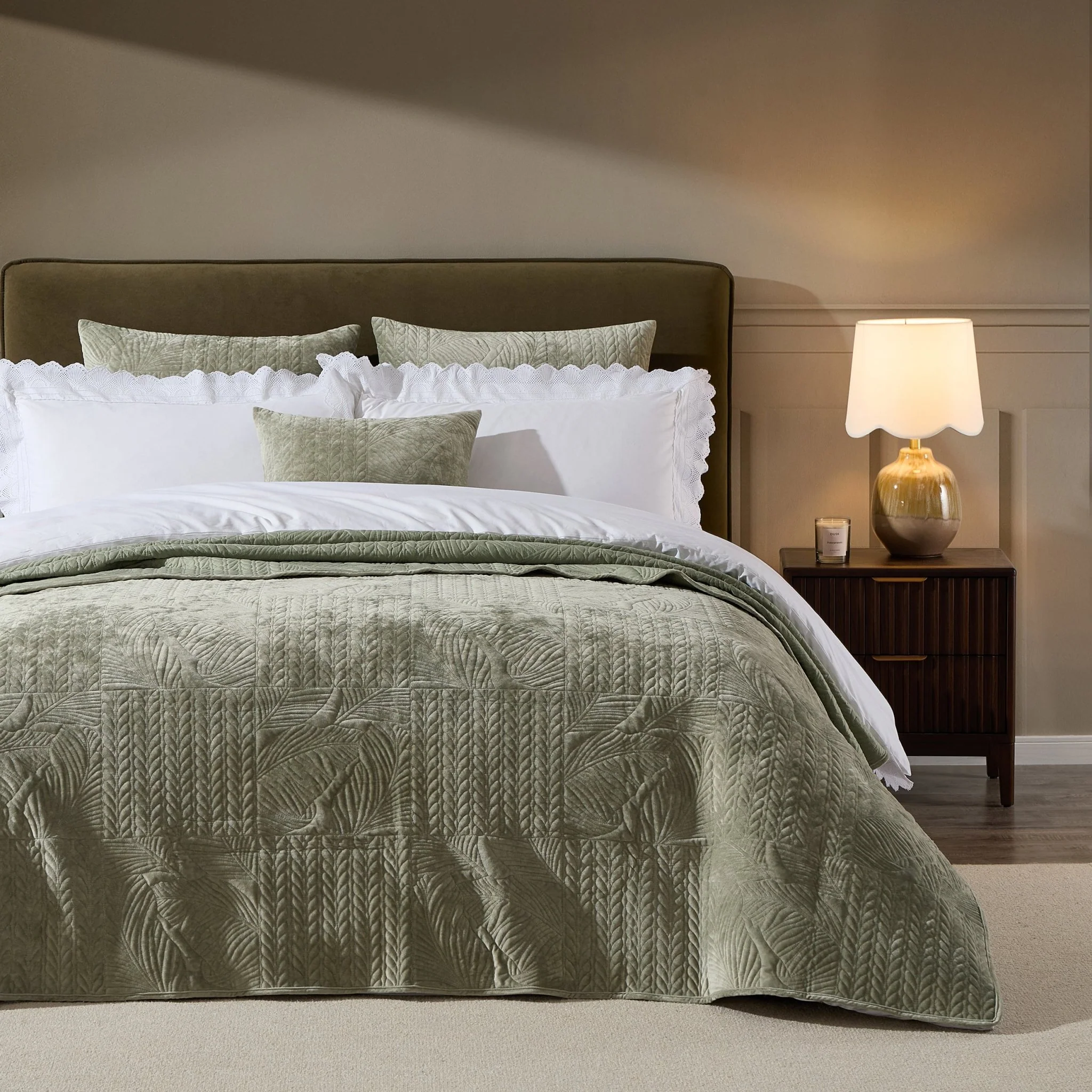 Rome Velvet Greek Matelasse Bedspread - Basil