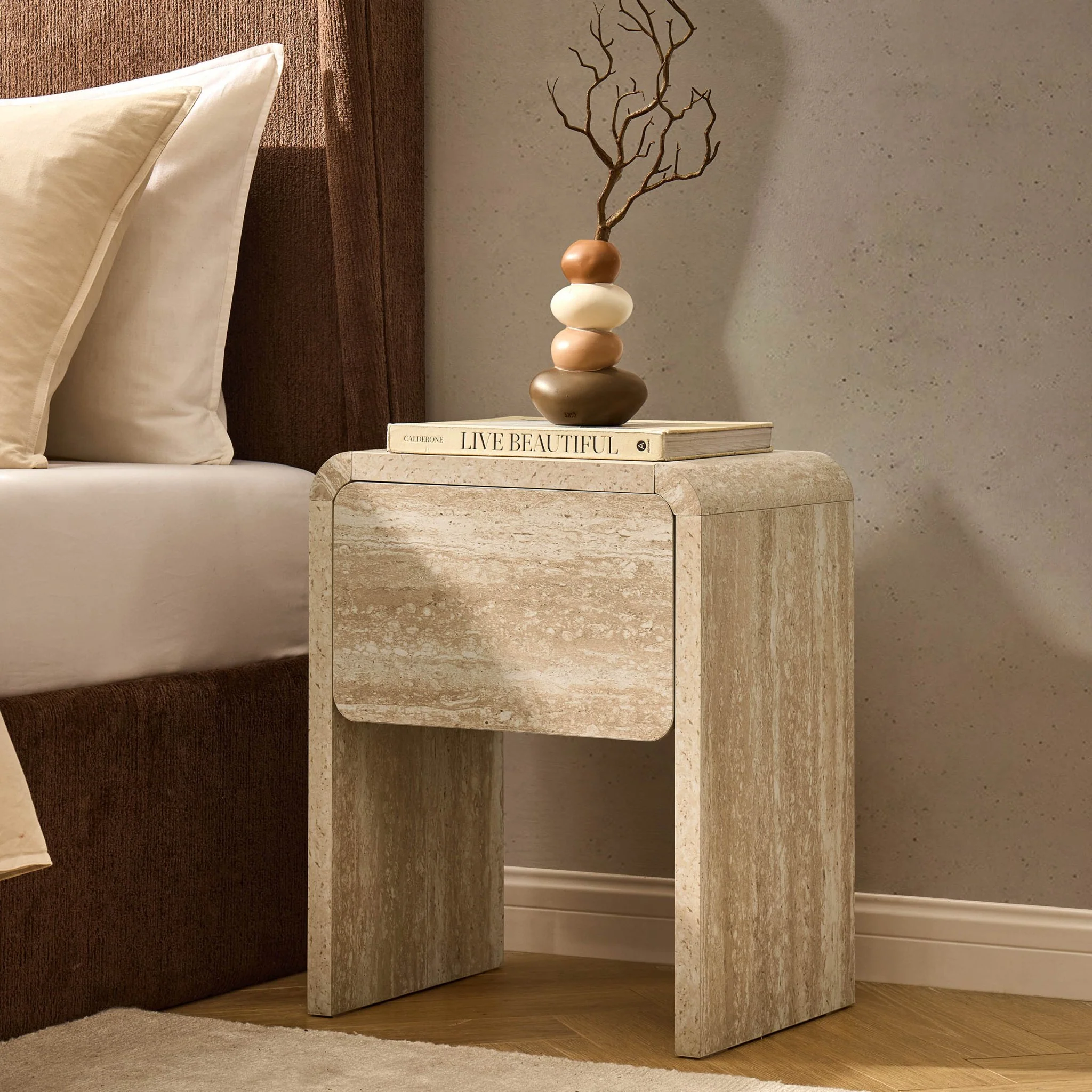 Samira Side Table - Travertine Effect