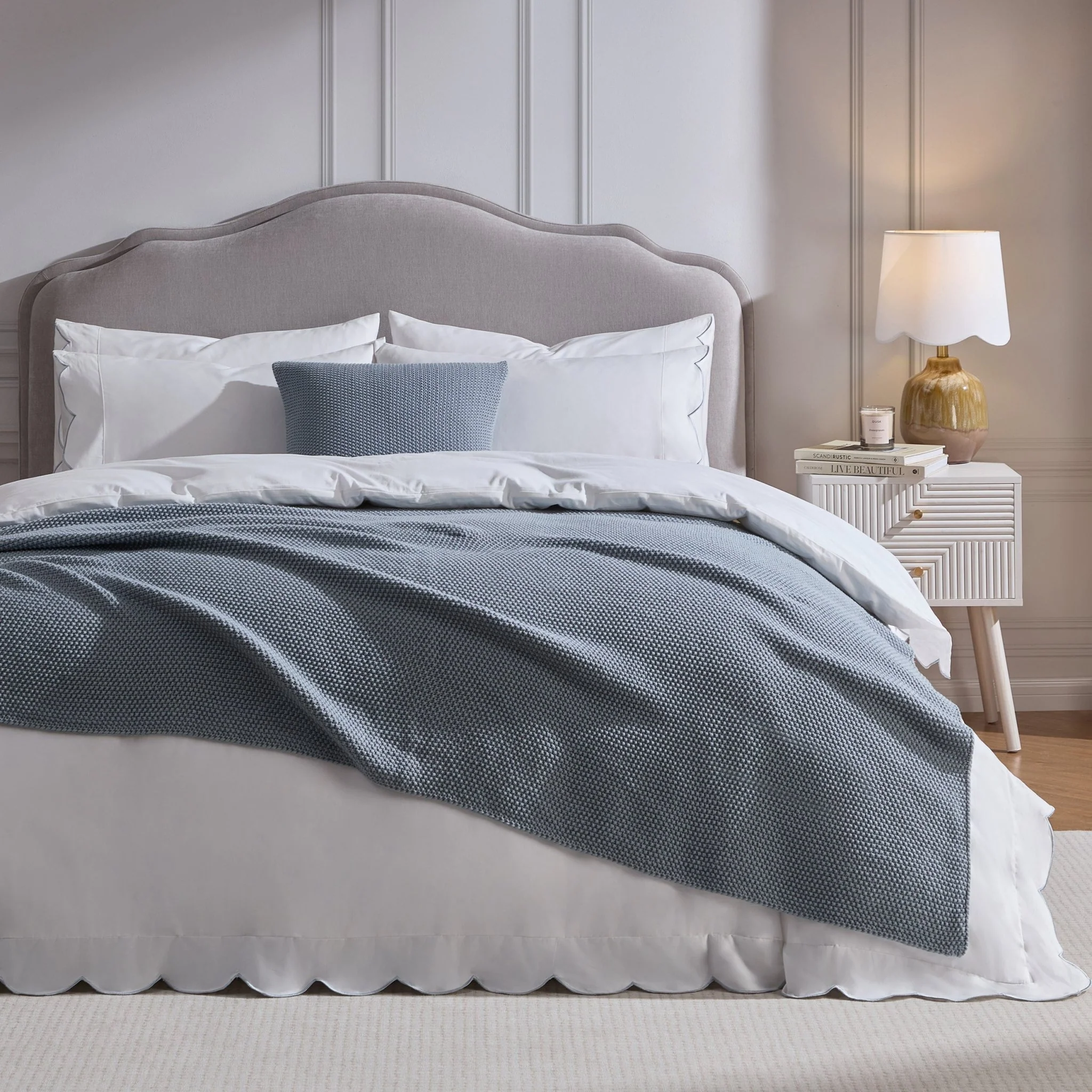 Simone 220 Thread Count Scallop Embroidered Edge Duvet Cover - White/Blue - Image 2